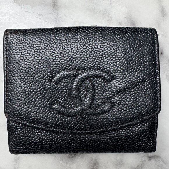 Chanel Black Caviar Leather Small Compact Snap Bifold Wallet in Black - Picture 1 of 11